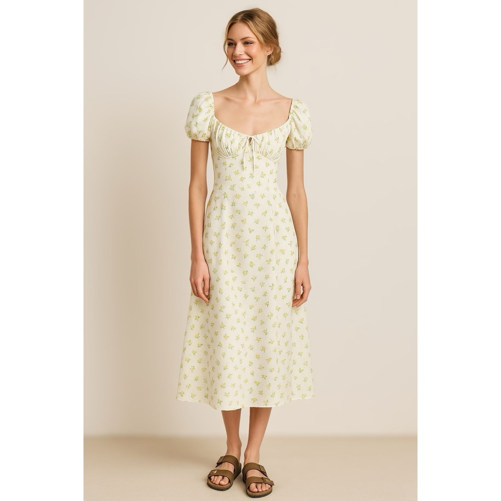 Shein White & Yellow Floral Puff Sleeve Midi Dress | Cottagecore | Size Small